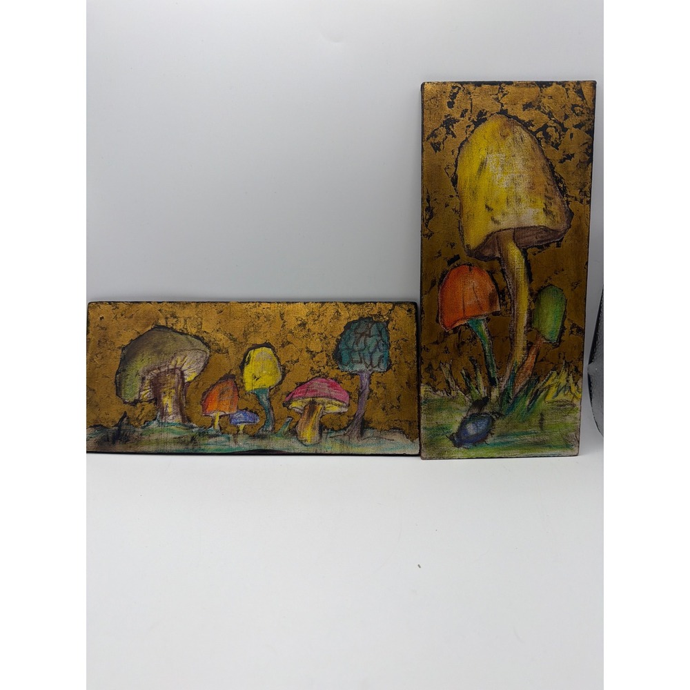 Vintage Mushroom Hand Painted Art Gold Leaf Panels Set of 2 Fungi Wall Decor